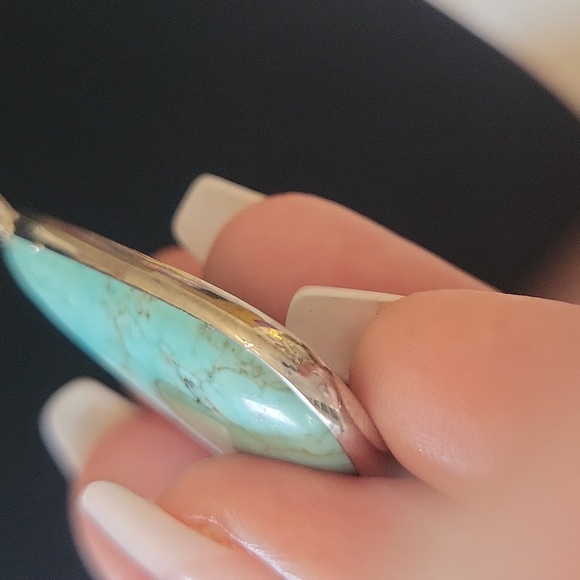 Turquoise Navajo Native pendant necklace on black leather silver hardware. - Picture 11 of 16